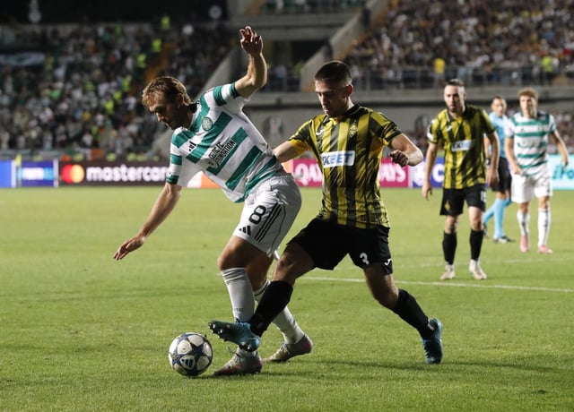 Soccer Football - UEFA Champions League - Play Off - Second Leg - Kairat v Celtic - Ortalyk Stadion, Almaty, Kazakhstan - August 26, 2025 Kairat's Luis Mata in action with Celtic's Benjamin Nygren REUTERS/Pavel Mikheyev