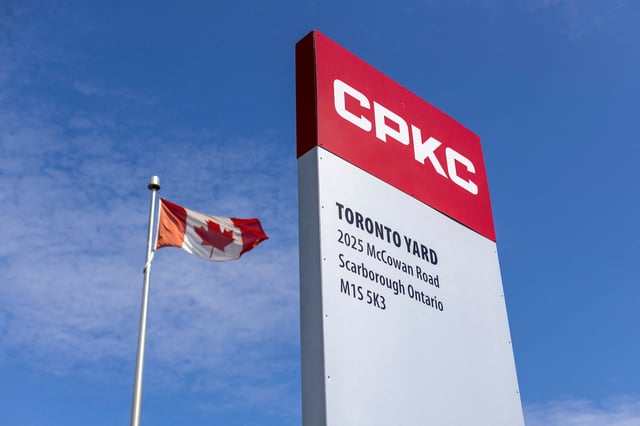 A flag flies at the Canadian Pacific Kansas City (CPKC) Toronto yard, in Toronto, Ontario, Canada August 22, 2024. REUTERS/Carlos Osorio/File Photo