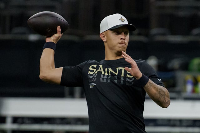 Aug 23, 2025; New Orleans, Louisiana, USA; New Orleans Saints quarterback Spencer Rattler (2) warms up before a game against the Denver Broncos at Caesars Superdome. Mandatory Credit: Matthew Hinton-Imagn Images