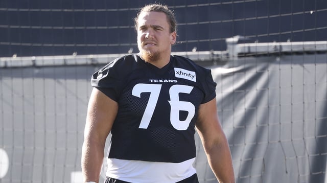Jul 23, 2025; Houston, TX, USA; Houston Texans tackle Austin Deculus (76) during training camp at Houston Methodist Training Center. Mandatory Credit: Troy Taormina-Imagn Images