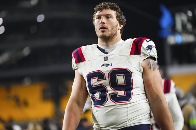 PITTSBURGH, PA - DECEMBER 07: Cole Strange #69 of the New England Patriots celebrates after an NFL football game against the Pittsburgh Steelers at Acrisure Stadium on December 7, 2023 in Pittsburgh, Pennsylvania.