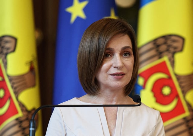 Moldovan President Maia Sandu speaks during a press conference with European Council President Antonio Costa and European Commission President Ursula von der Leyen at the first Moldova-EU summit in Chisinau, Moldova July 4, 2025. REUTERS/Vladislav Culiomza/File Photo