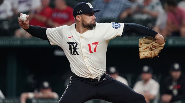 Aug 22, 2025; Arlington, Texas, USA; Texas Rangers starting pitcher Nathan Eovaldi (17) throws to the plate during the first inning against the Cleveland Guardians at Globe Life Field. Mandatory Credit: Raymond Carlin III-Imagn Images