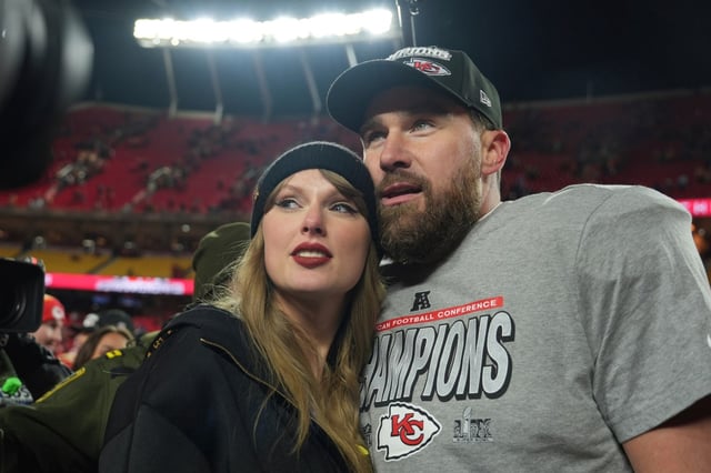 FILE – Kansas City Chiefs tight end Travis Kelce, right, is congratulated by Taylor Swift as they celebrate the Chiefs victory over the Buffalo Bills in the AFC Championship NFL football game, Jan. 26, 2025, in Kansas City, Mo. (AP Photo/Charlie Riedel, File)
