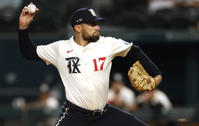 ARLINGTON, TX - AUGUST 22: Nathan Eovaldi #17 of the Texas Rangers pitches against the Cleveland Guardians during the first inning at Globe Life Field on August 22, 2025 in Arlington, Texas.