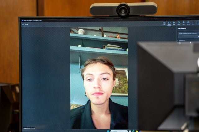 Mingus Reedus, son of "The Walking Dead" actor Norman Reedus and model Helena Christensen, has been arrested and charged with assault. He had a court hearing where he appeared virtually. (Steven Hirsch/POOL)