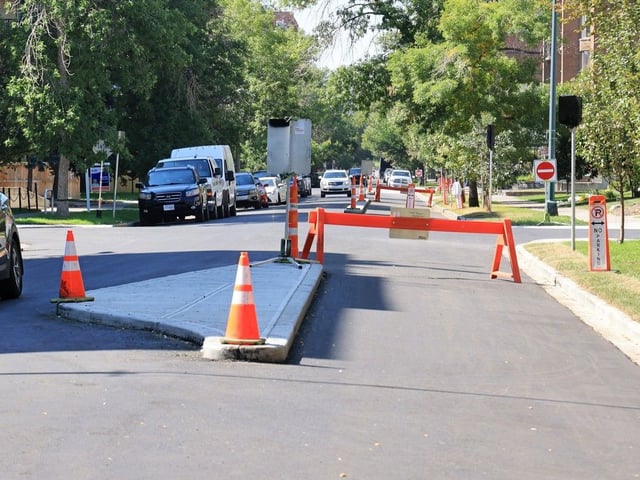 A newly constructed bike lane along 15th Avenue S.W. in Calgary's Beltline includes several concrete islands that area residents say have been causing traffic issues.