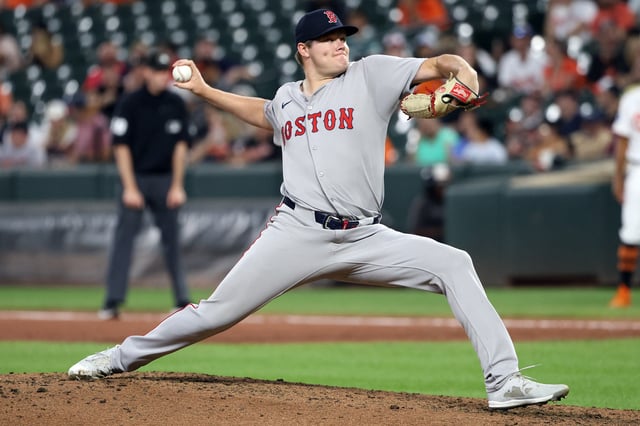 Aug 25, 2025; Baltimore, Maryland, USA; Boston Red Sox pitcher Richard Fitts (80) throws during the sixth inning against the Baltimore Orioles at Oriole Park at Camden Yards. Mandatory Credit: Daniel Kucin Jr.-Imagn Images