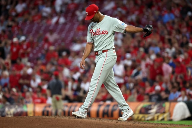 CINCINNATI, OHIO - AUGUST 12: Joe Ross #41 of the Philadelphia Phillies pitches during the game against the Cincinnati Reds at Great American Ball Park on August 12, 2025 in Cincinnati, Ohio.