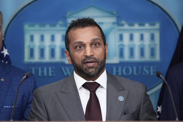 FBI Director Kash Patel speaks during a news conference with President Donald Trump in the James Brady Press Briefing Room at the White House, Monday, Aug. 11, 2025, in Washington. (AP Photo/Alex Brandon)