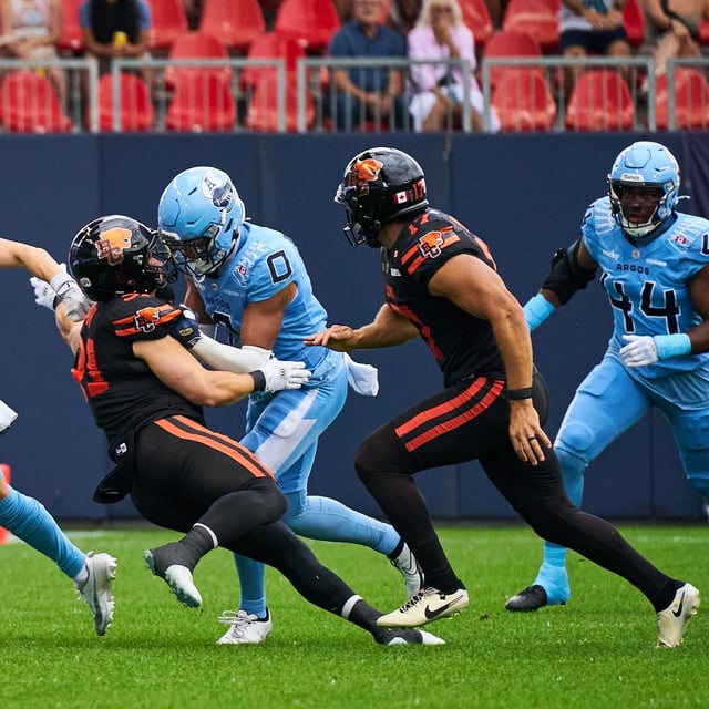 Toronto Argonauts wide receiver Jake Herslow (87) sprints past the B.C. Lions' defence during first half CFL action in Toronto, on Saturday, Aug. 23, 2025. THE CANADIAN PRESS/Sammy Kogan
