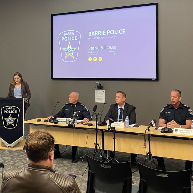 Barrie Police Service communications supervisor Jennett Mays, left to right, police Chief Rich Johnston, Sgt. Brett Carleton and Staff Sgt. Jason Fearon provide an update on a homicide case in Barrie, Ont., on Tuesday, Aug. 26, 2025. THE CANADIAN PRESS/Vanessa Tiberio