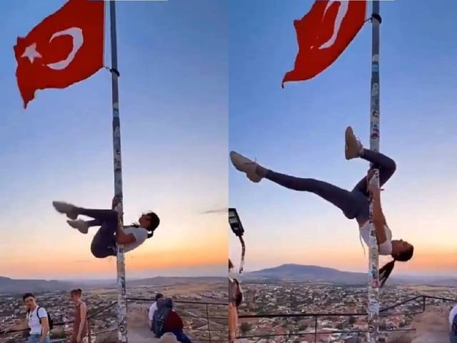 Turista podría ir a la cárcel por hacer pole dance con la bandera turca | VIDEO