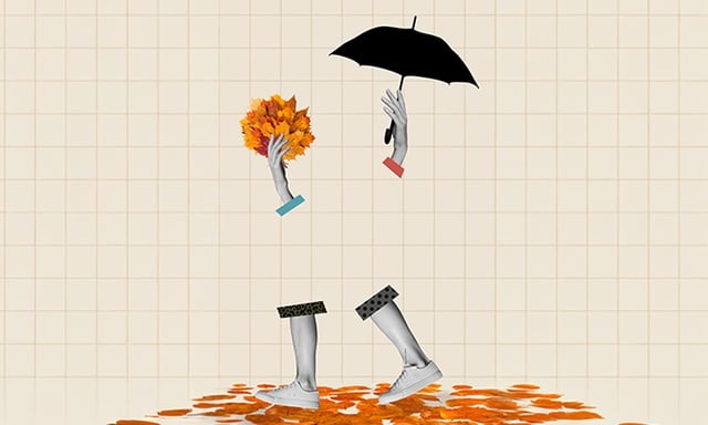 Illustration of a woman's legs and hands holding an umbrella standing on leaves. Credit: Roman Samborskyi / Shutterstock.