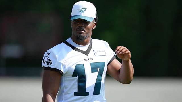 Jul 24, 2025; Philadelphia, PA, USA; Philadelphia Eagles linebacker Nakobe Dean (17) looks on during training camp at NovaCare Complex. Mandatory Credit: Kyle Ross-Imagn Images
