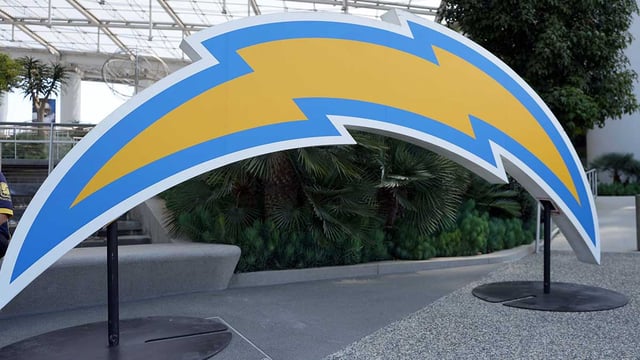 Aug 10, 2025; Inglewood, California, USA; The Los Angeles Chargers logo at SoFi Stadium. Mandatory Credit: Kirby Lee-Imagn Images