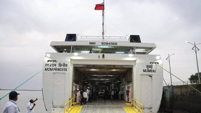 Mumbai, India – 26, Aug 2025: Fisheries and Maritime Minister Nitesh Rane visits Bhavucha Dhakka jetty in Mazgaon, where a Ro-Ro boat trial is being conducted for the Mumbai-Vijaydurg route., in Mumbai, India, on Tuesday, Aug 26, 2025. (Photo by Bhushan Koyande/HT Photo)