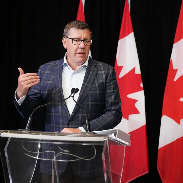 Saskatchewan Premier Scott Moe speaks to the media after signing a memorandum of understanding with Alberta and Ontario during the 2025 summer meetings of Canada's Premiers at Deerhurst Resort in Huntsville, Ont., on Tuesday, July 22, 2025. THE CANADIAN PRESS/Nathan Denette