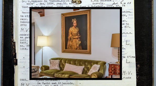 The Dutch Jewish art dealer Jacques Goudstikker kept a record of his holdings in a pocket notebook in the 1930s. Among the paintings he owned when he died was one that has reappeared in a real estate ad in August 2025 in Buenos Aires. (Black book by Marcel Antonisse/AFP via Getty Images; real estate photograph from Robles Casas & Campas)