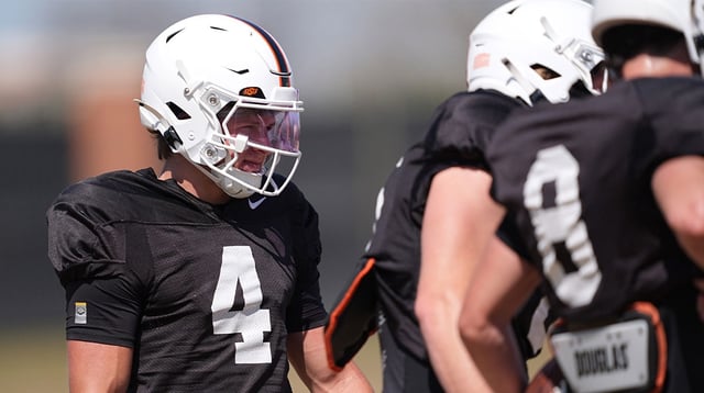 Oklahoma State quarterback Hauss Hejny is pictured during a Spring football practice at Oklahoma State University in Stillwater, Okla., Tuesday, April, 8, 2025.