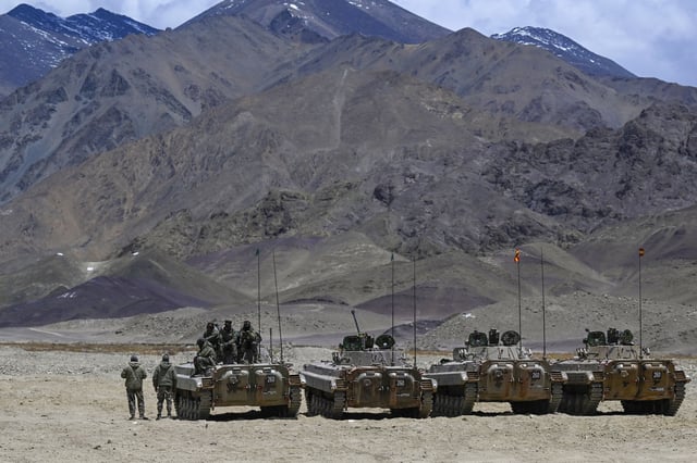 Armoured vehicles of the Indian army at a military camp in Eastern Ladakh, on May 19, 2024.