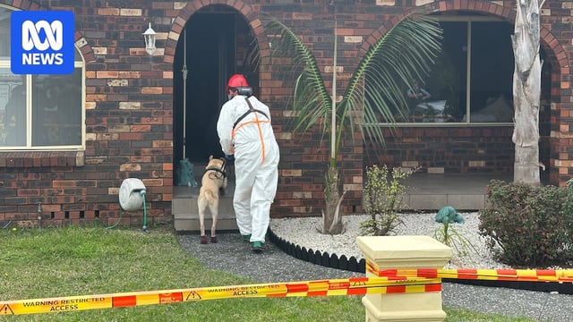 A man wearing white overalls and a dog approach the front door of a burnt-out house.