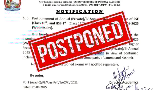 JKBOSE 10th, 11th Exams Postponed; Heavy Rainfall Predicted Over Next 40 Hours