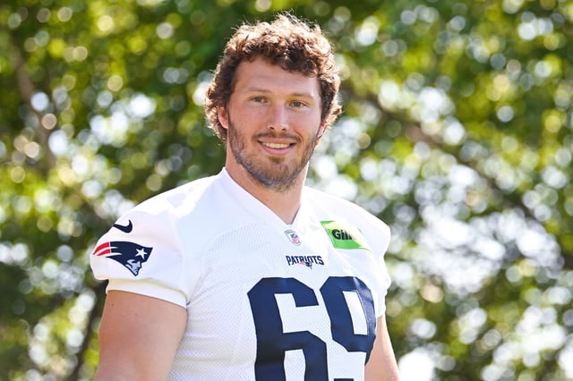 Jul 23, 2025; Foxborough, MA, USA; New England Patriots guard Cole Strange (69) walks to the practice field for training camp at Gillette Stadium. Mandatory Credit: Eric Canha-Imagn Images/File Photo