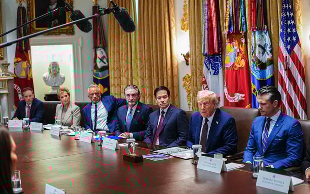 President Donald Trump, second from right, chairs a cabinet meeting in the Cabinet Room of the White House on Tuesday, Aug. 26, 2025. U.S. Secretary of Health and Human Services Robert F. Kennedy, Jr., third from left, said his agency will be making announcements about autism in September. (Aaron Schwartz/Pool/Abaca Press/TNS)