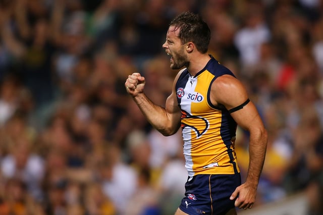 PERTH, AUSTRALIA - APRIL 05: Mitchell Brown of the Eagles celebrates a goal during the round three AFL match between the West Coast Eagles and the St Kilda Saints at Patersons Stadium on April 5, 2014 in Perth, Australia.  (Photo by Paul Kane/Getty Images)