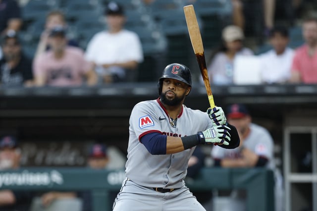 Aug 8, 2025; Chicago, Illinois, USA; Cleveland Guardians first baseman Carlos Santana (41) bats against the Chicago White Sox during the first inning at Rate Field. Mandatory Credit: Kamil Krzaczynski-Imagn Images/File Photo