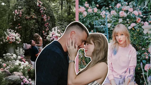 El compromiso de Taylor Swift y Travis Kelce brilló en un jardín de ensueño, evocando la era Lover. / Foto: Especial