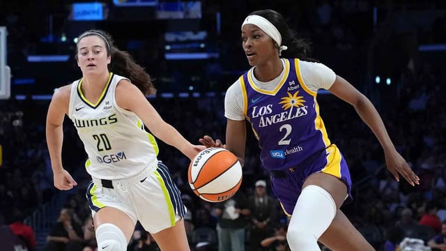 Aug 20, 2025; Los Angeles, California, USA; LA Sparks forward Rickea Jackson (2) dribbles the ball against Dallas Wings forward Maddy Siegrist (20) in the second half at the Crypto.com Arena. Mandatory Credit: Kirby Lee-Imagn Images
