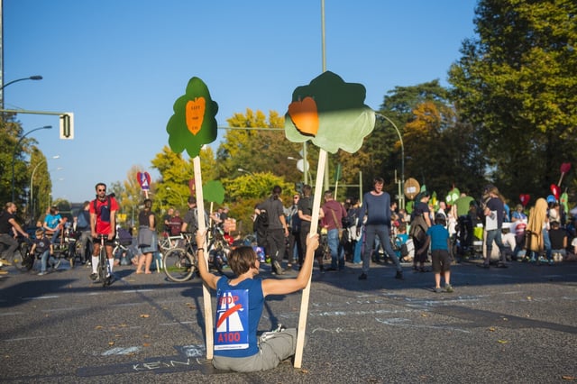 Ein Mensch sitzt auf einer Strasse und protestiert mit einem selbstgemalten Autbahnschild und selbstgebastelten Blumen gegen ein geplantes Autobahnprojekt