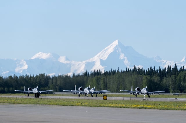 Aircraft assigned to the 25th Fighter Squadron taxi during exercises at Eielson Air Force Base in Alaska.