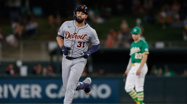 Aug 26, 2025; West Sacramento, California, USA; Detroit Tigers left fielder Riley Greene (31) rounds the bases after hitting a grand slam home run during the third inning against the Athletics at Sutter Health Park. Mandatory Credit: Sergio Estrada-Imagn Images