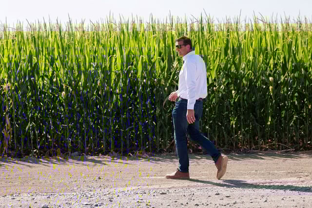 Rep. David Valadao walks past a small field of corn at his family's dairy farm in California's 22nd congressional district in Hanford, California, on September 21, 2024.