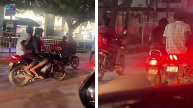 Three men on a bike were filmed following women, touching them with a peacock feather in Hyderabad 