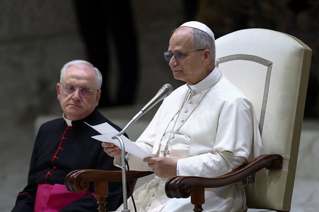 Pope Leo XIV delivers a speech during the weekly general audience in the Paul VI Hall, appealing to the international community to end the conflict in Gaza, and calling for a permanent ceasefire and urgent humanitarian aid, at the Vatican, August 27, 2025. REUTERS/Guglielmo Mangiapane