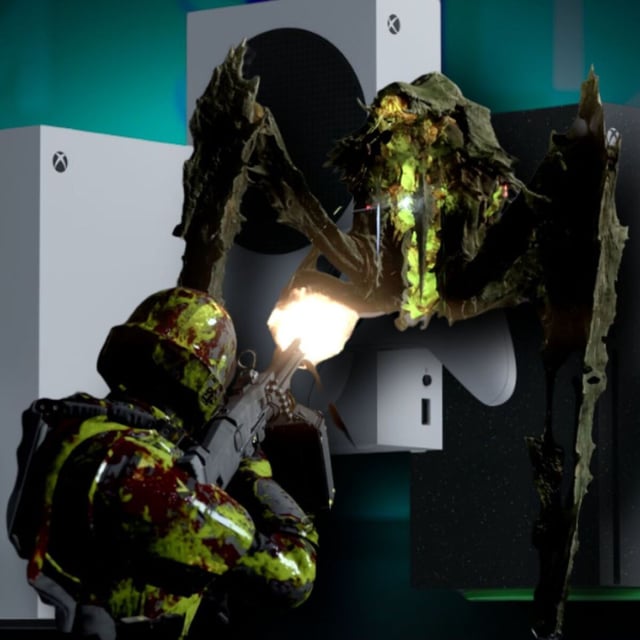 Helldivers II player and alien fighting with an Xbox console range backdrop