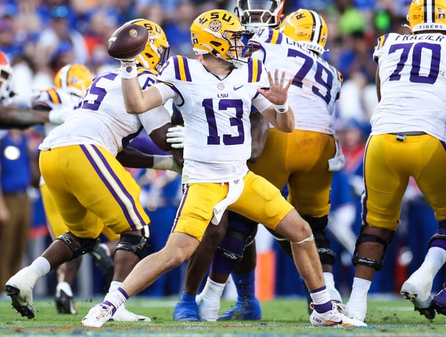 LSU quarterback Garrett Nussmeier looks to pass during his team's game against Florida at Ben Hill Griffin Stadium on Nov. 16, 2024 in Gainesville, Fla.