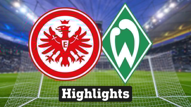 Im Hintergrund sieht man ein Fussballstadion, davor links das Logo von Eintracht Frankfurt und rechts das Logo von Werder Bremen 