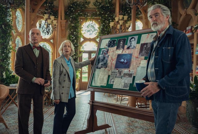 Ben Kingsley, left, Helen Mirren and Pierce Brosnan in “The Thursday Murder Club.” (Giles Keyte/Netflix/TNS)