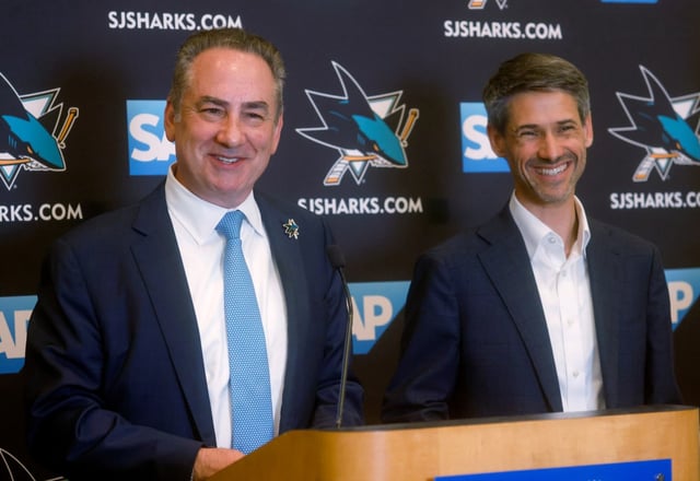 San Jose Sharks President Jonathan Becher and San Jose Mayor Matt Mahan speak during a press conference about the San Jose Sharks’ lease extension at SAP Center until 2051 at San Jose City Hall in downtown in San Jose, Calif., on Tuesday, Aug. 26, 2025. (Nhat V. Meyer/Bay Area News Group)