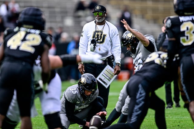Head coach Deion Sanders of the Colorado Buffaloes looks on as a field goal drill is attempted in the Black and Gold Spring Game at Folsom Field on April 19, 2025 in Boulder, Colorado.