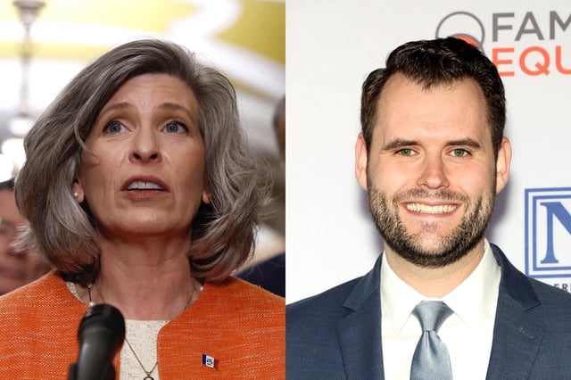 Left, Senator Joni Ernst speaks during a news conference at the U.S. Capitol Building on May 8, 2024 in Washington, DC. Right, Zach Wahls attends Family Equality's Night at the Pier at Pier 60 on May 16, 2022 in New York City.