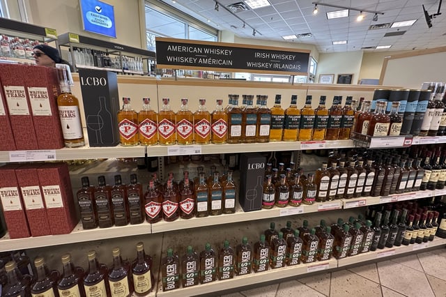 Non-American whiskeys on display at a Liquor Control Board of Ontario (LCBO), the government-run liquor stores where most wine and spirits in the province are purchased, Sunday, March 9, 2025, in Toronto.