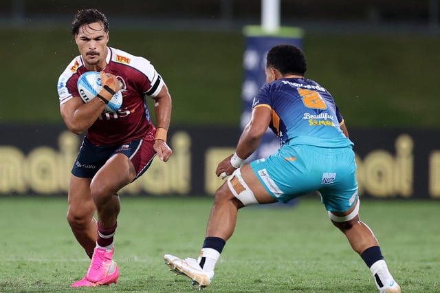 WHANGAREI, NEW ZEALAND - APRIL 12: Jordan Petaia of the Queensland Reds (C) during the round eight Super Rugby Pacific match between Moana Pasifika and Queensland Reds at Semenoff Stadium, on April 12, 2024, in Whangarei, New Zealand. (Photo by Fiona Goodall/Getty Images)