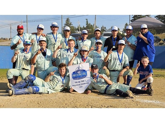 The Sydney Blue Jays will represent Nova Scotia at the Atlantic Under-18 'AA' Baseball Championship in Moncton this weekend after the club claimed the provincial title earlier this month. Members of the team are shown with the championship banner. Front row, from left, Dylan Lesnick and Brayden Tubrett. Middle row, from left, Avery Morellato, Keiran Madden, Troy Corbett, Shane Viva, Colby Meade, Cole Murphy and Lincoln LeBlanc (ball boy). Back row, from left, Mike Marsh (coach), Matthew MacIntyre, William Stonehouse, Blake Confiant, Andrew (Gunner) Leblanc, Kayden Connolly, Kingston Leporte, Devon Sampson (coach) and Marcus Meade (coach). CONTRIBUTED/MARCUS MEADE