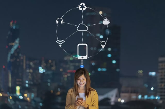 Asian businesswoman using smart mobile phone with smile action